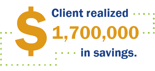 Image with text that says Client realized $1,700,000 in savings